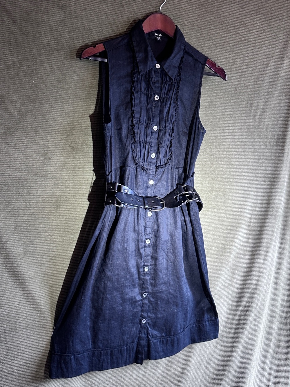 Jacob Sleeveless Black Button-Front Ruffle Dress & GAP Cow Leather Cinching Belt